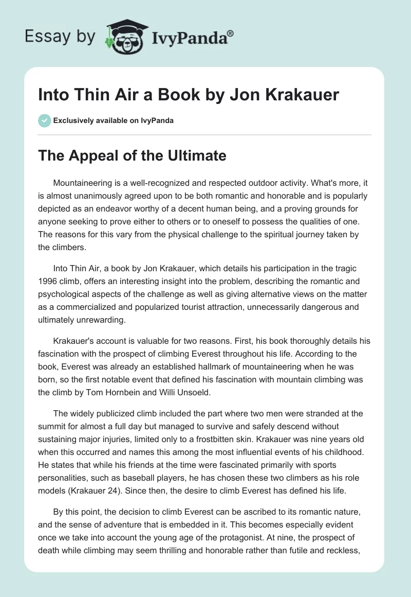 "Into Thin Air" a Book by Jon Krakauer. Page 1