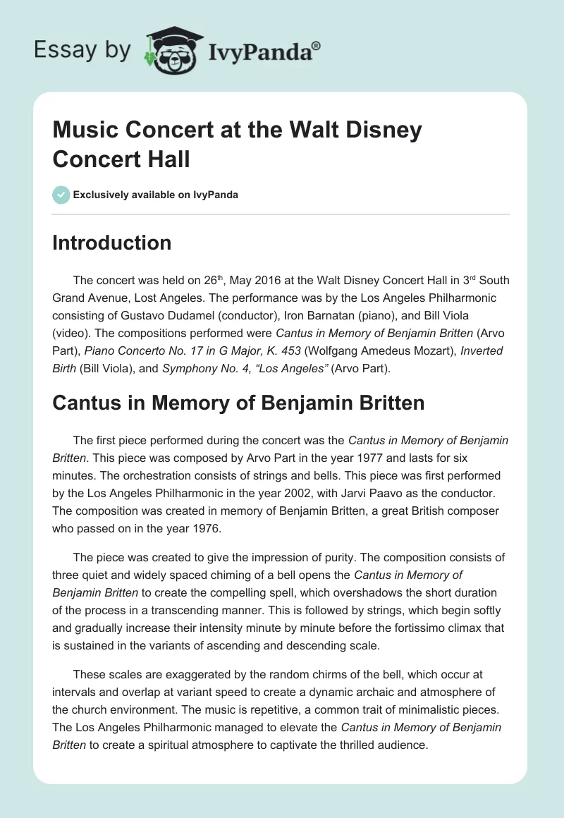 Music Concert at the Walt Disney Concert Hall. Page 1