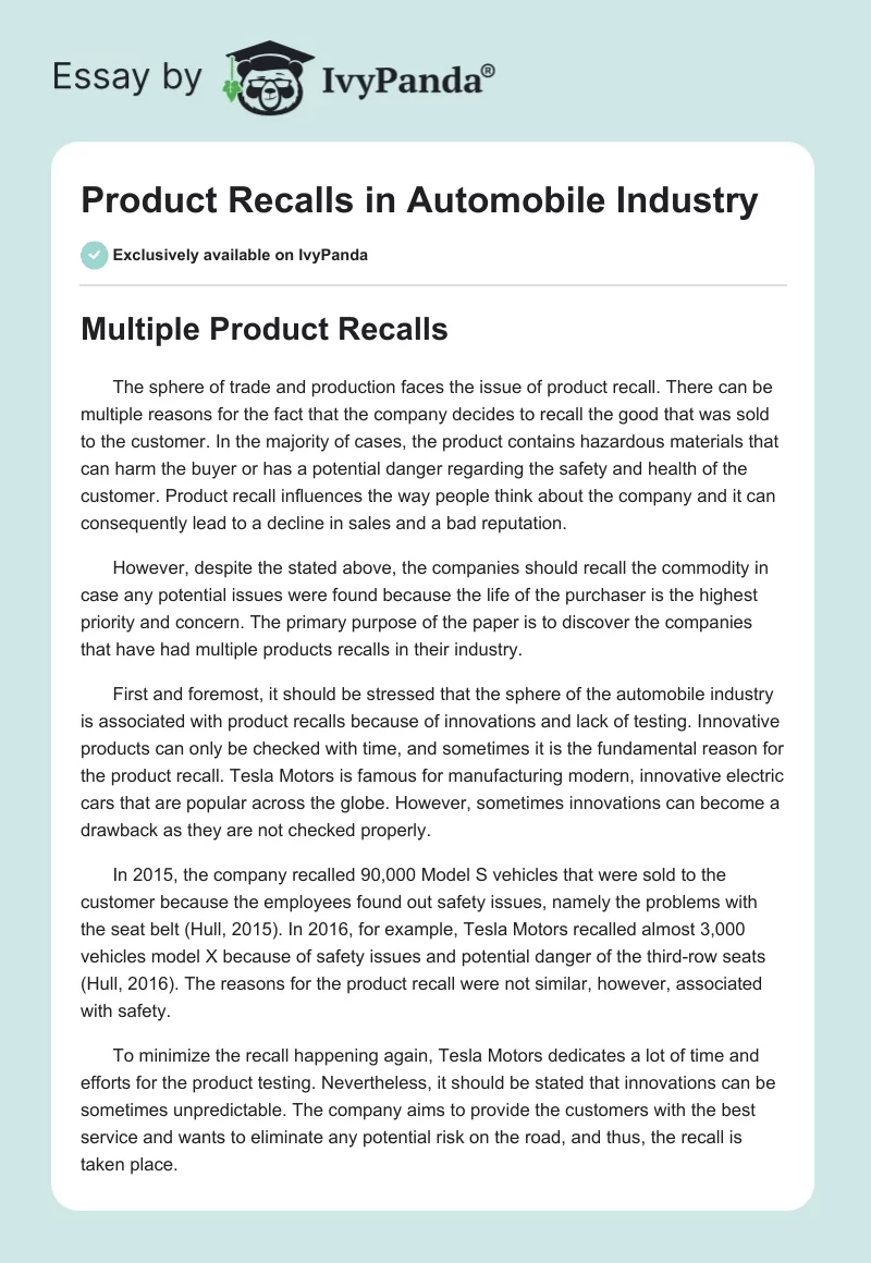 Product Recalls in Automobile Industry. Page 1