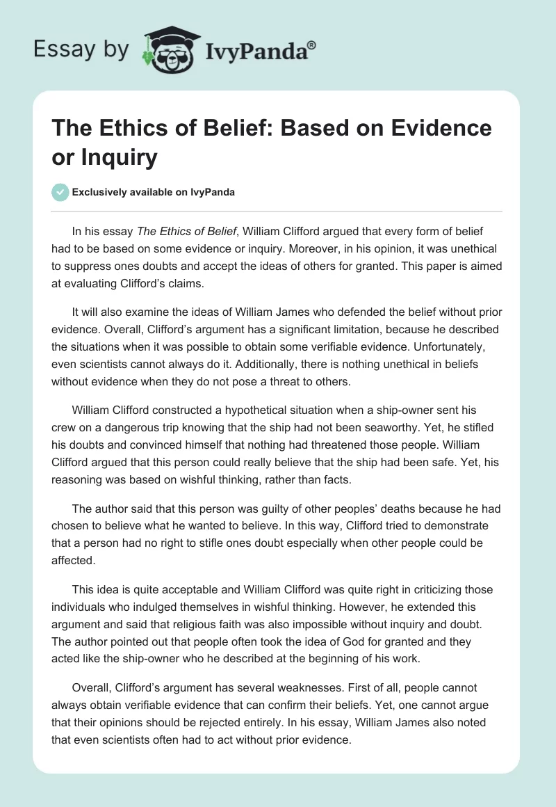 The Ethics of Belief: Based on Evidence or Inquiry. Page 1