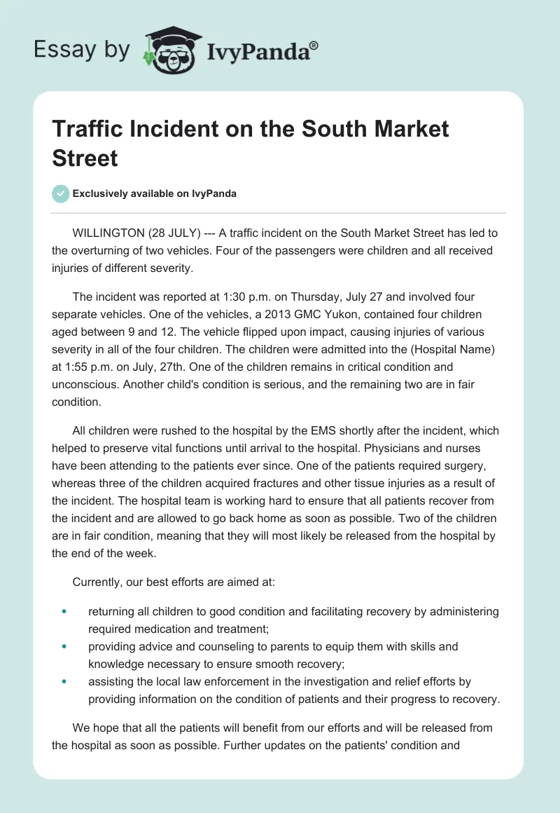 Traffic Incident on the South Market Street. Page 1