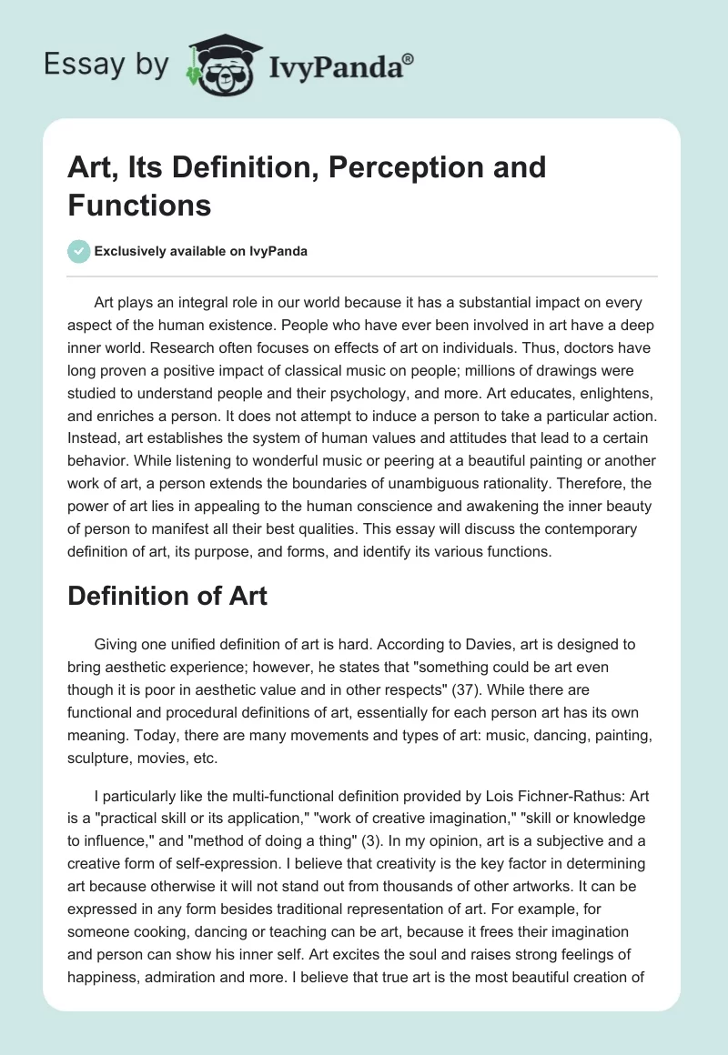 Art, Its Definition, Perception and Functions. Page 1