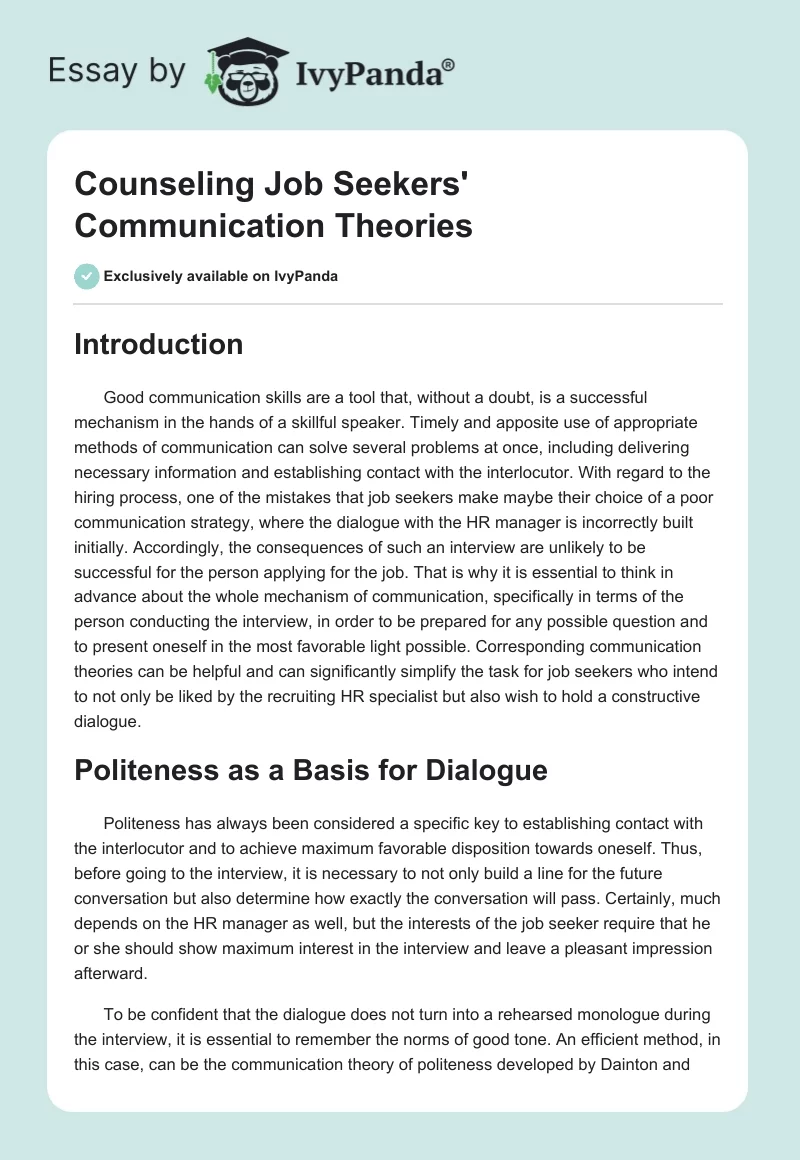 Counseling Job Seekers' Communication Theories. Page 1
