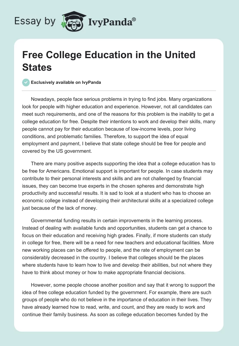 Free College Education in the United States. Page 1