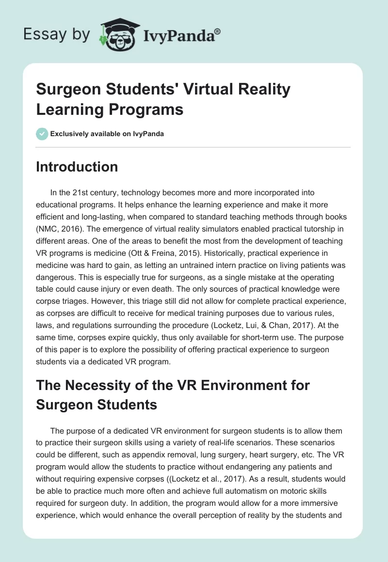 Surgeon Students' Virtual Reality Learning Programs. Page 1