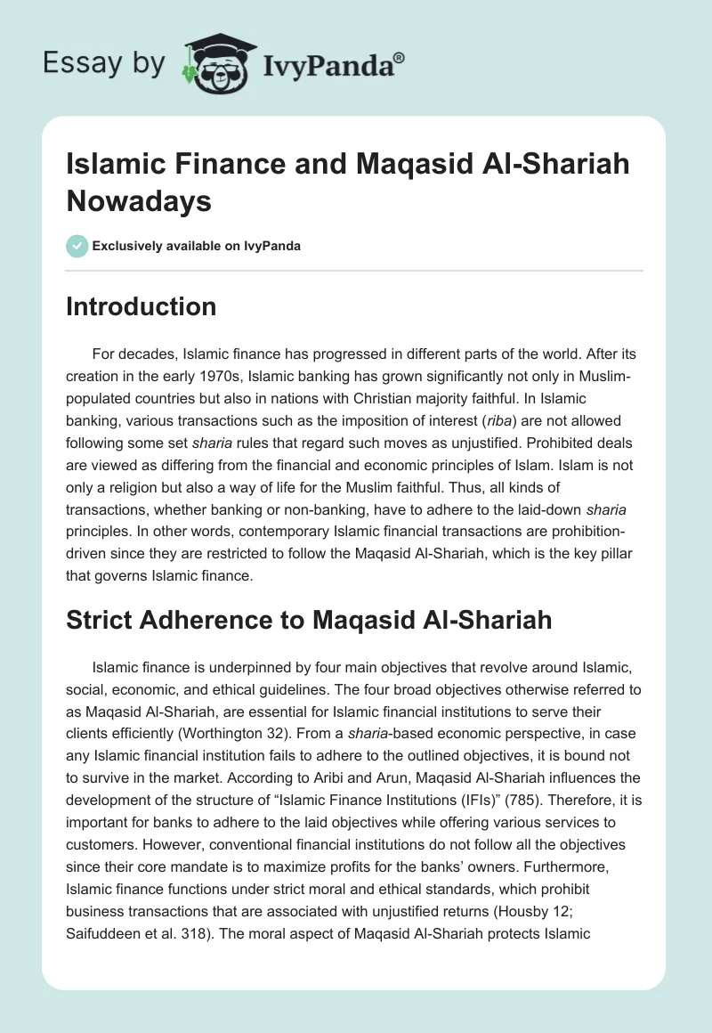 Islamic Finance and Maqasid Al-Shariah Nowadays. Page 1