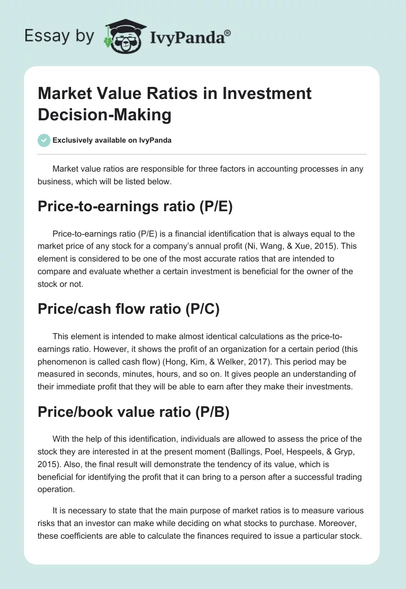 Market Value Ratios in Investment Decision-Making. Page 1