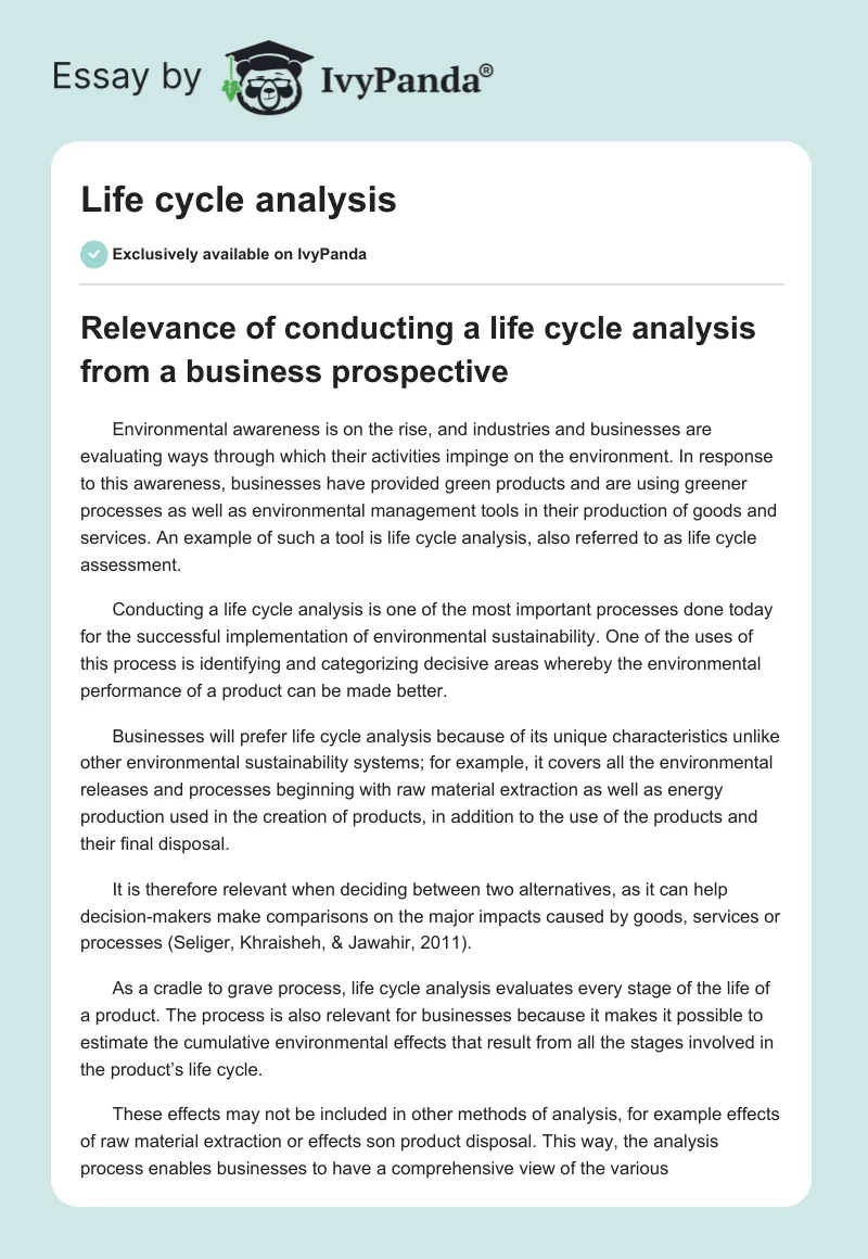 Life cycle analysis. Page 1
