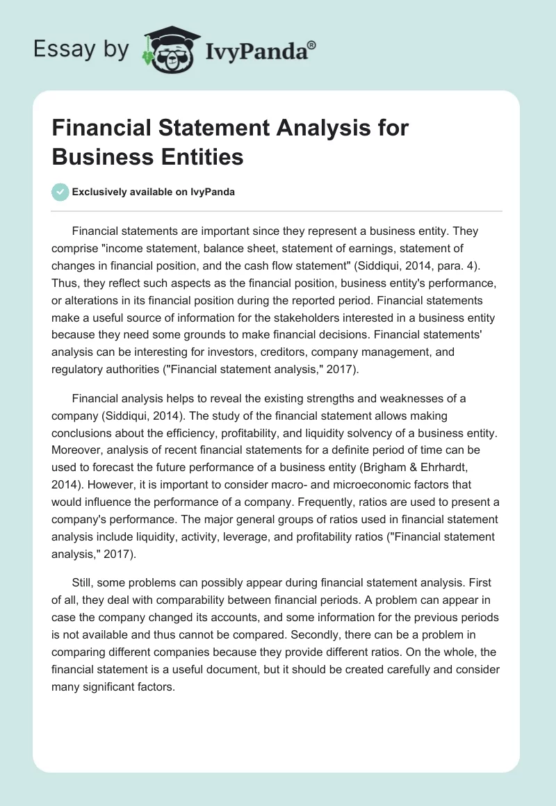 Financial Statement Analysis for Business Entities. Page 1
