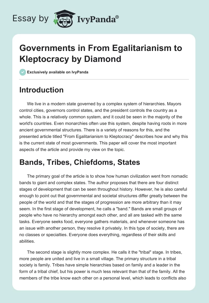 Governments in "From Egalitarianism to Kleptocracy" by Diamond. Page 1