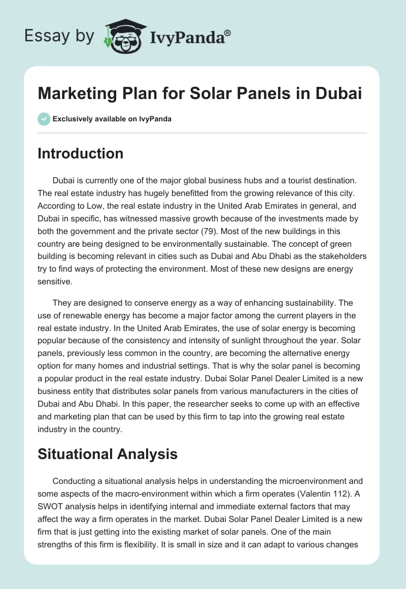 Marketing Plan for Solar Panels in Dubai. Page 1