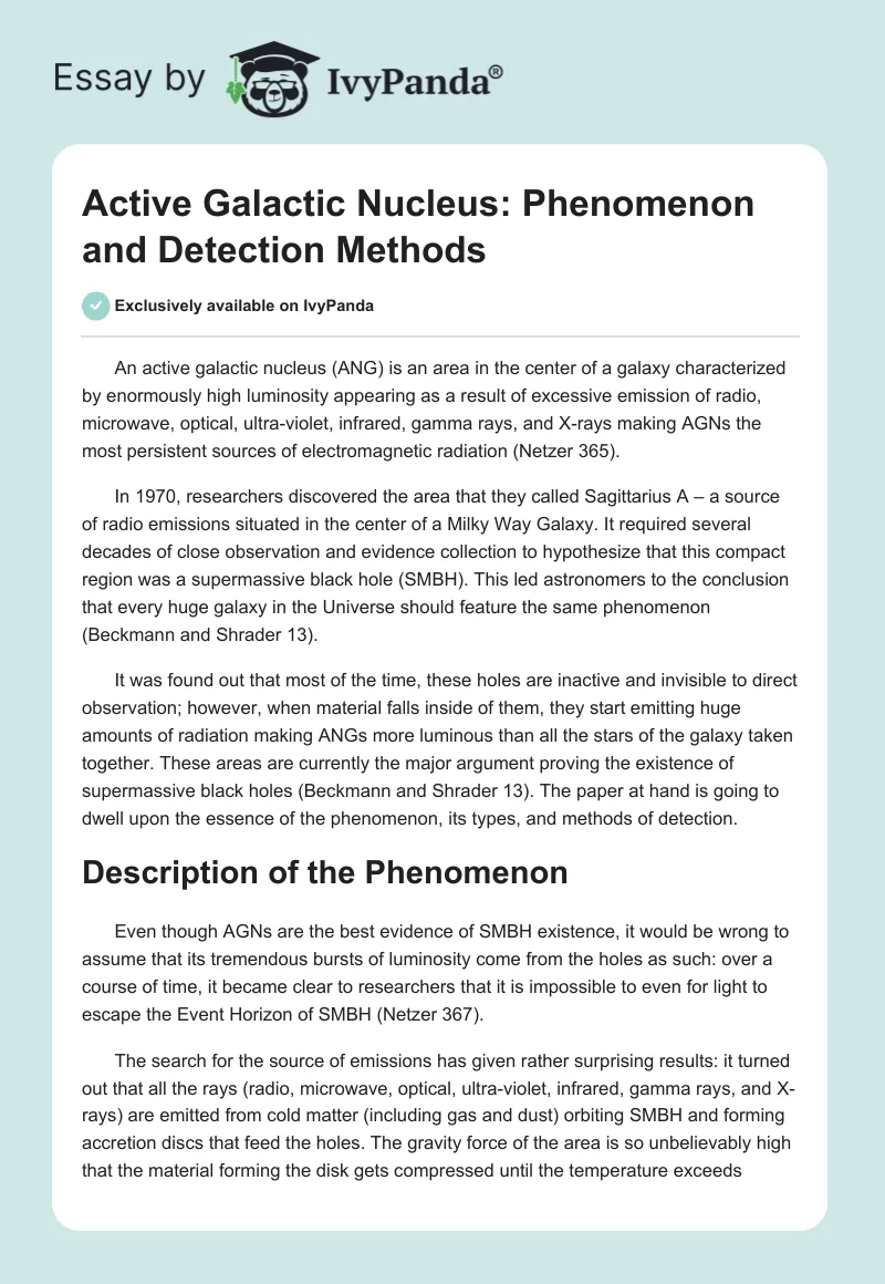 Active Galactic Nucleus: Phenomenon and Detection Methods. Page 1