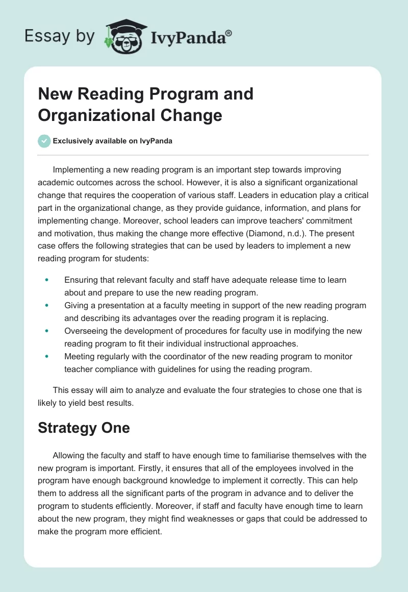 New Reading Program and Organizational Change. Page 1
