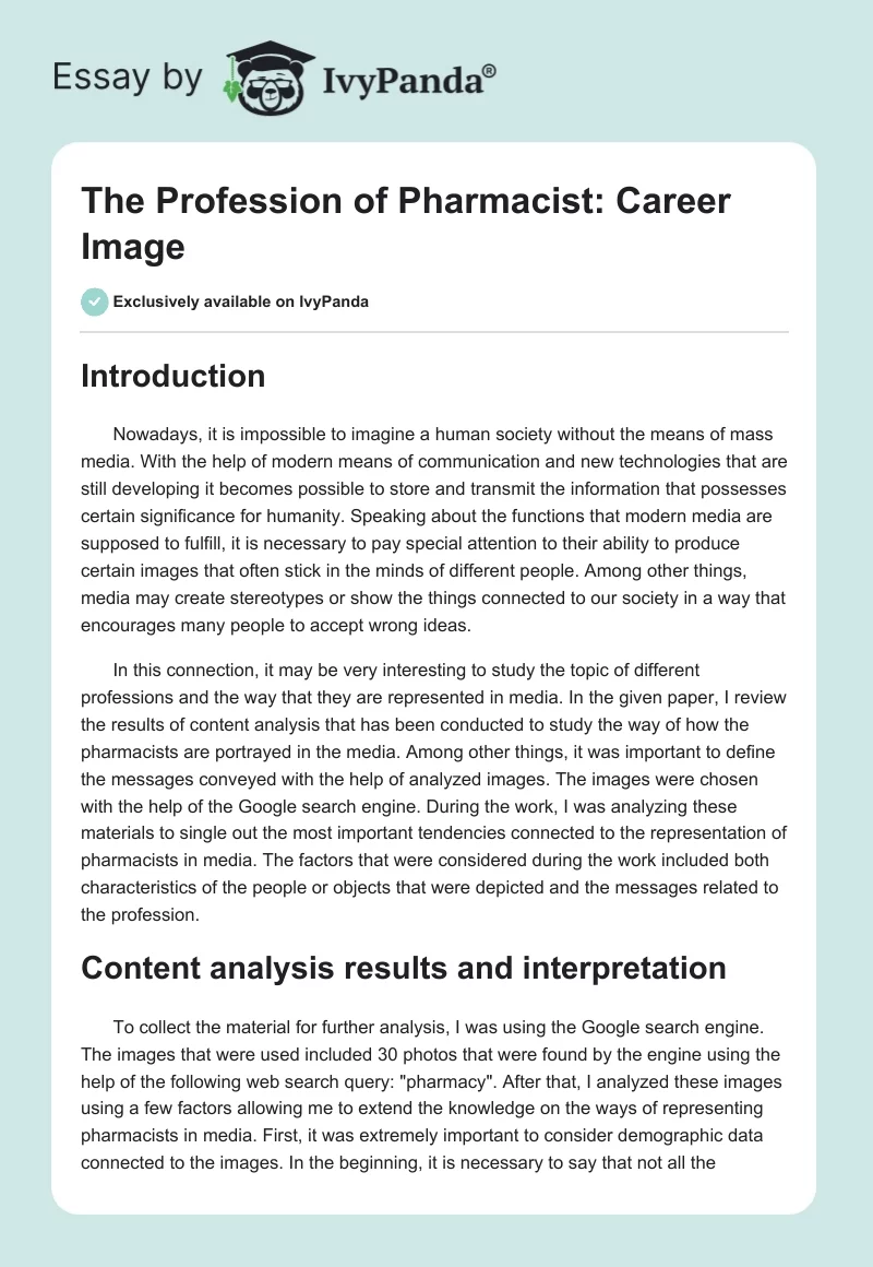 The Profession of Pharmacist: Career Image. Page 1