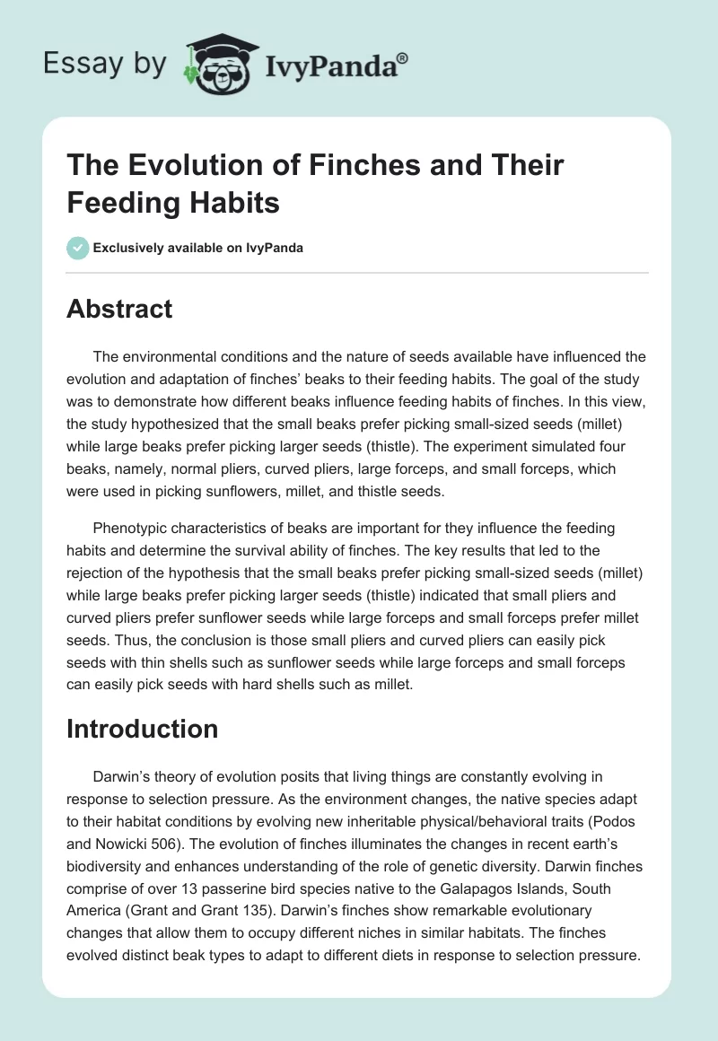 The Evolution of Finches and Their Feeding Habits. Page 1