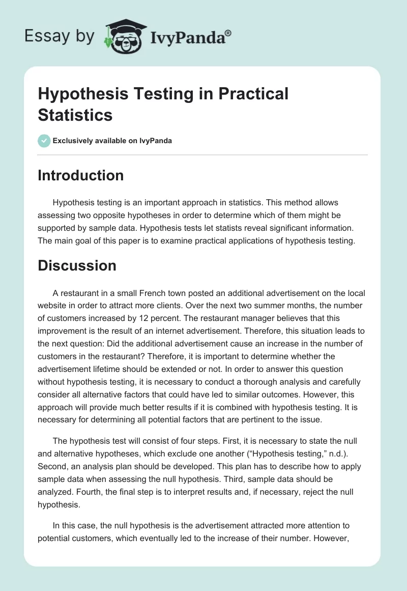 Hypothesis Testing in Practical Statistics. Page 1