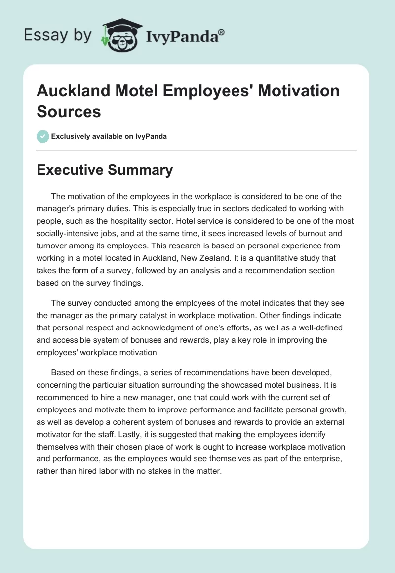 Auckland Motel Employees' Motivation Sources. Page 1