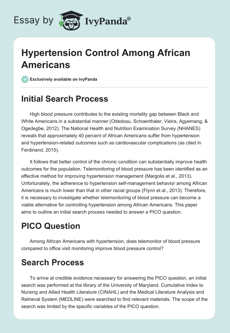 Hypertension Control Among African Americans. Page 1