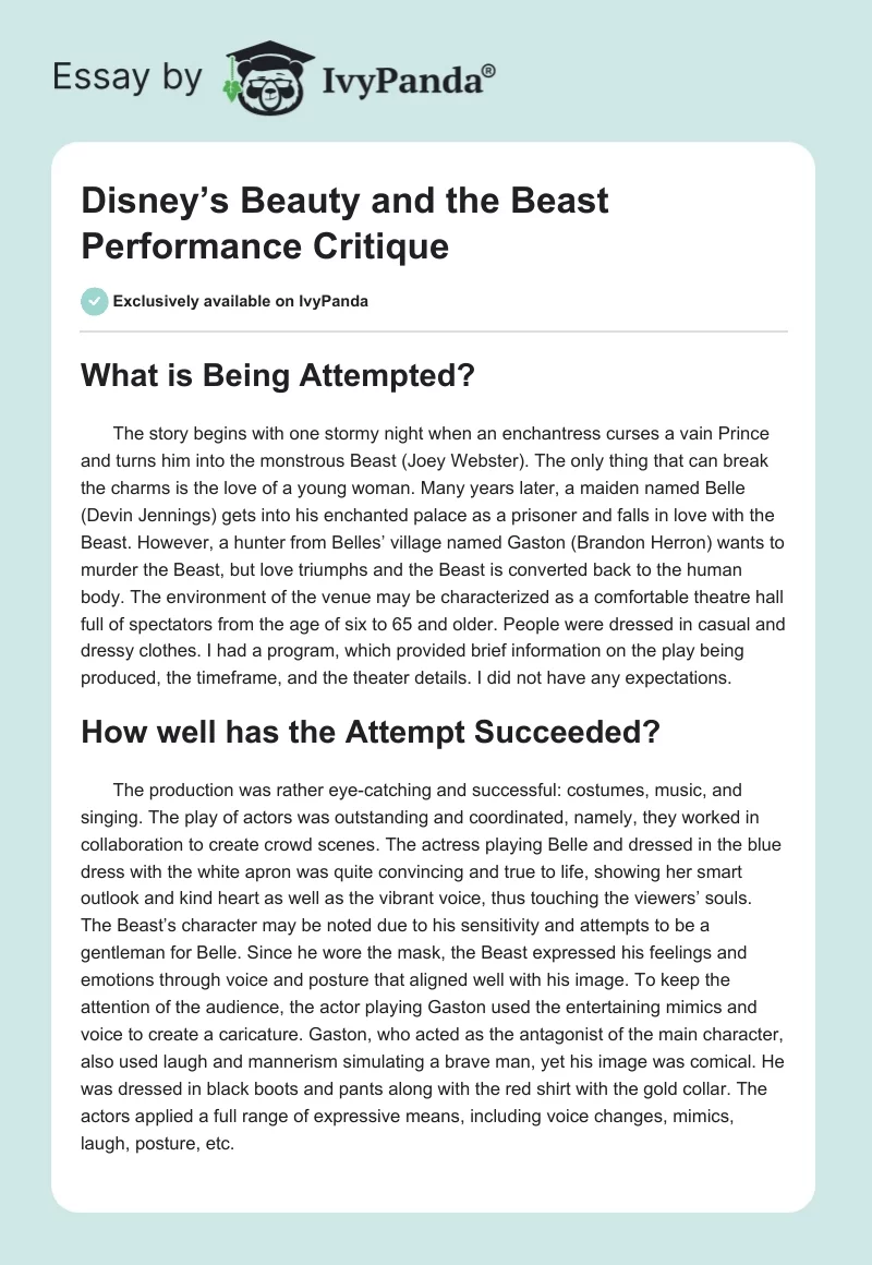Disney’s Beauty and the Beast Performance Critique. Page 1