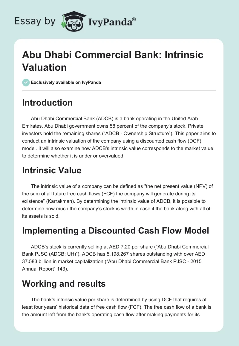 Abu Dhabi Commercial Bank: Intrinsic Valuation. Page 1