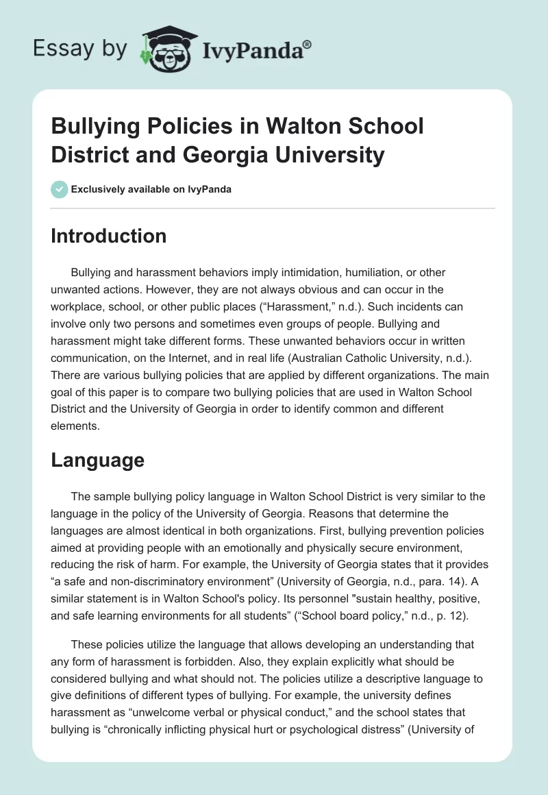 Bullying Policies in Walton School District and Georgia University. Page 1