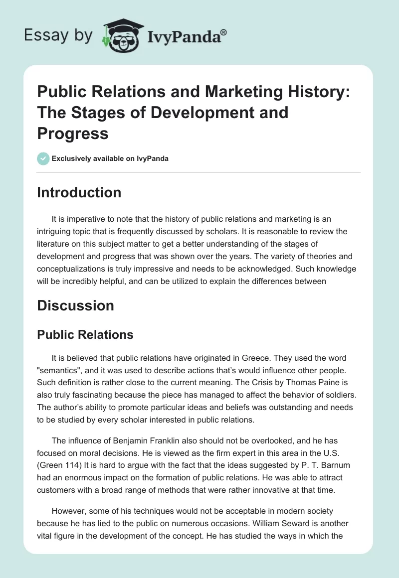 Public Relations and Marketing History: The Stages of Development and Progress. Page 1