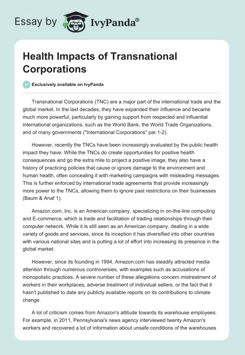Health Impacts of Transnational Corporations. Page 1