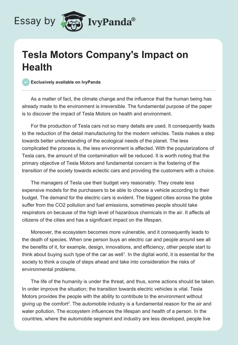 Tesla Motors Company's Impact on Health. Page 1