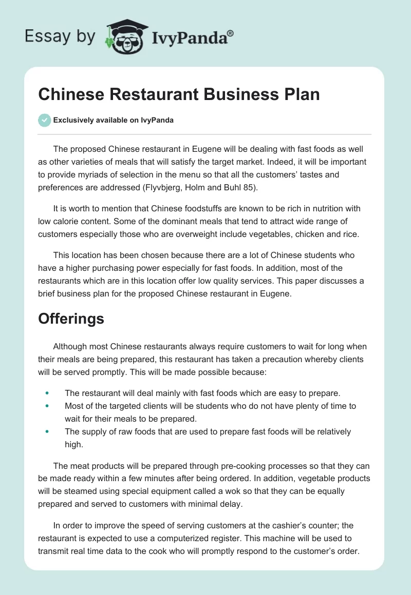 Chinese Restaurant Business Plan. Page 1