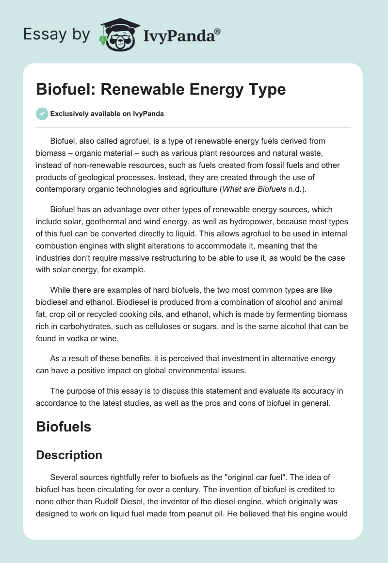 Biofuel: Renewable Energy Type. Page 1