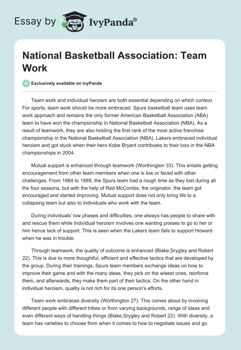 National Basketball Association: Team Work. Page 1