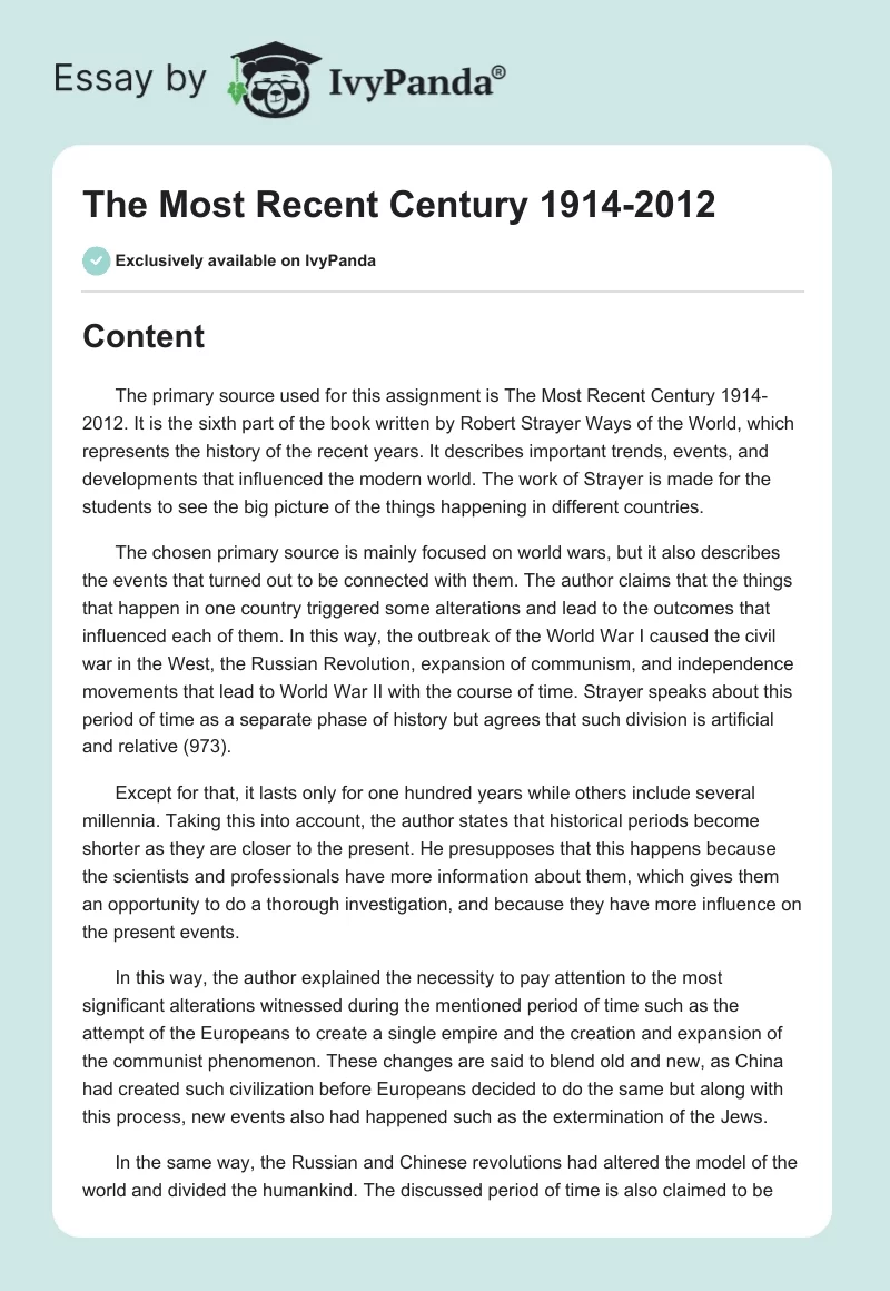 The Most Recent Century 1914-2012. Page 1
