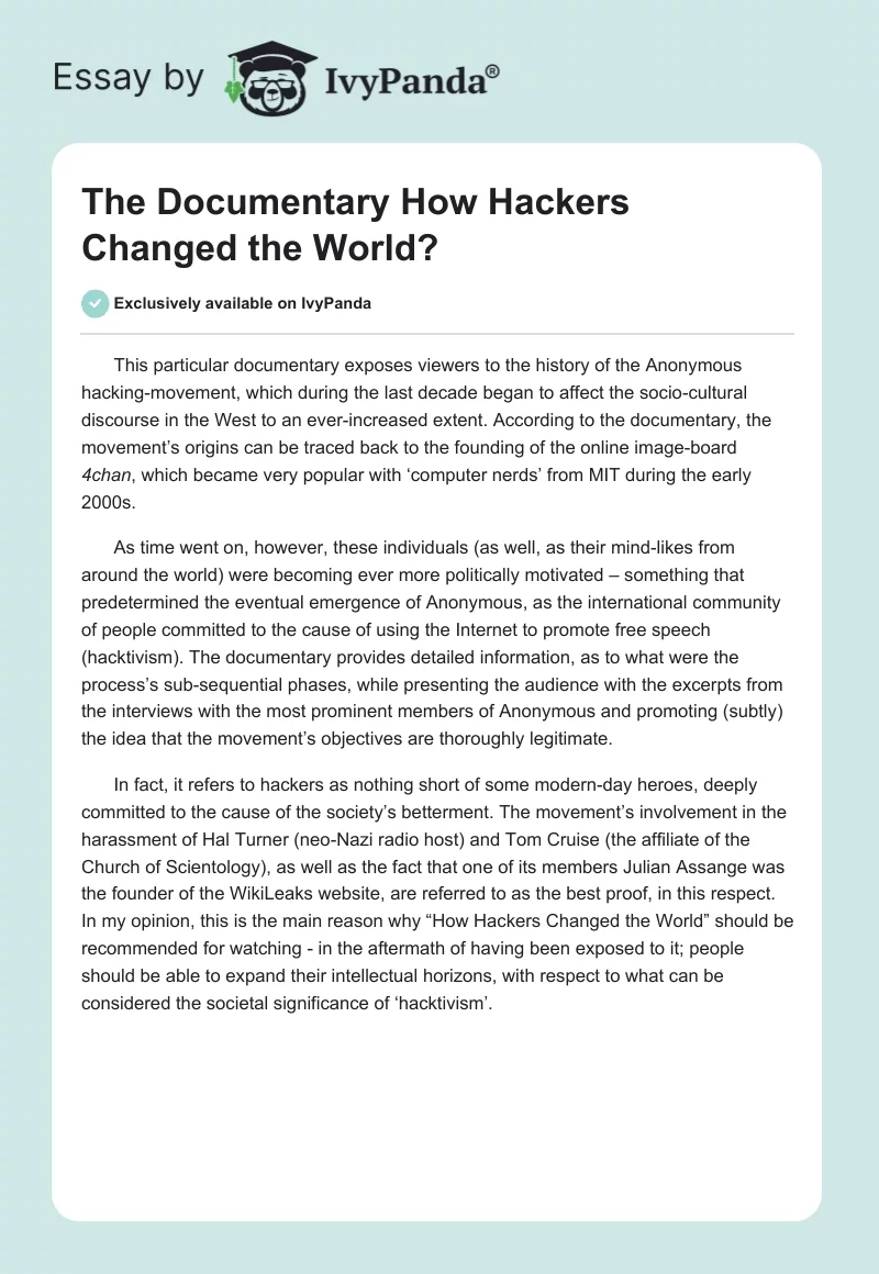 The Documentary "How Hackers Changed the World?". Page 1