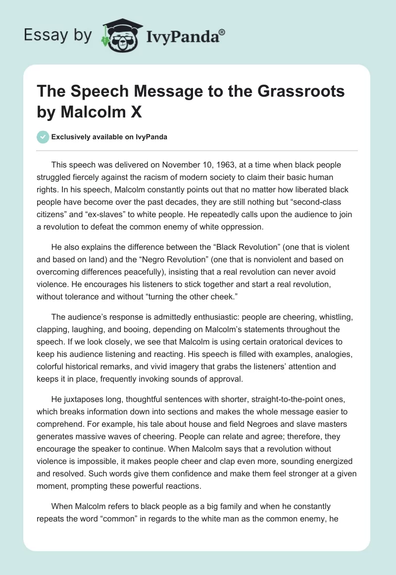The Speech "Message to the Grassroots" by Malcolm X. Page 1