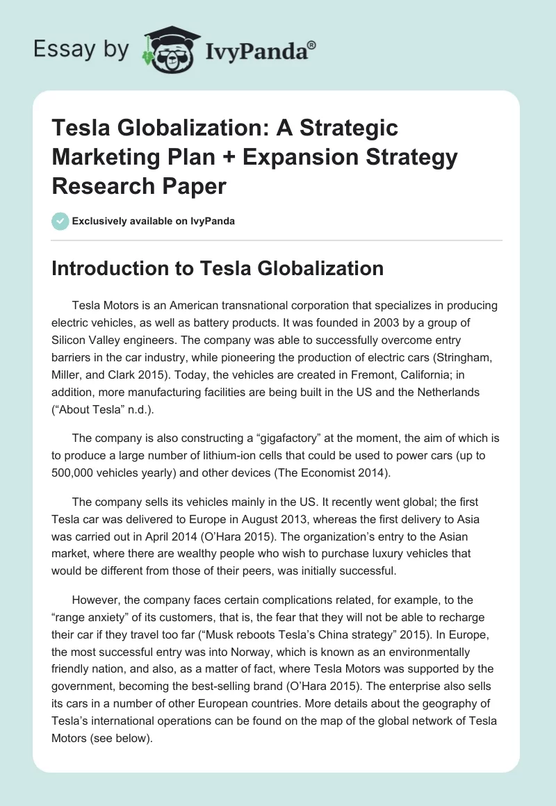 Tesla Globalization: A Strategic Marketing Plan + Expansion Strategy. Page 1