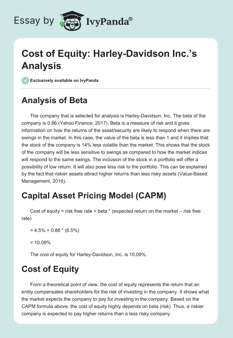 Cost of Equity: Harley-Davidson Inc.’s Analysis. Page 1