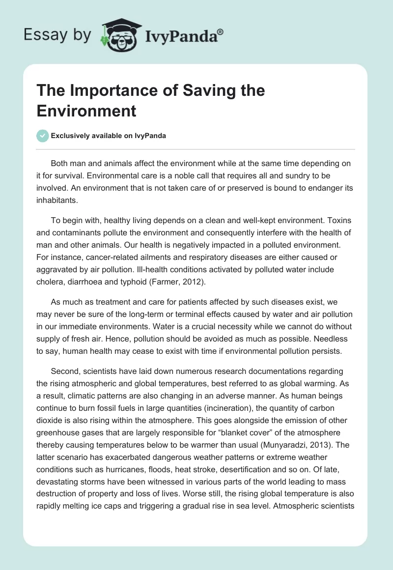 The Importance of Saving the Environment. Page 1