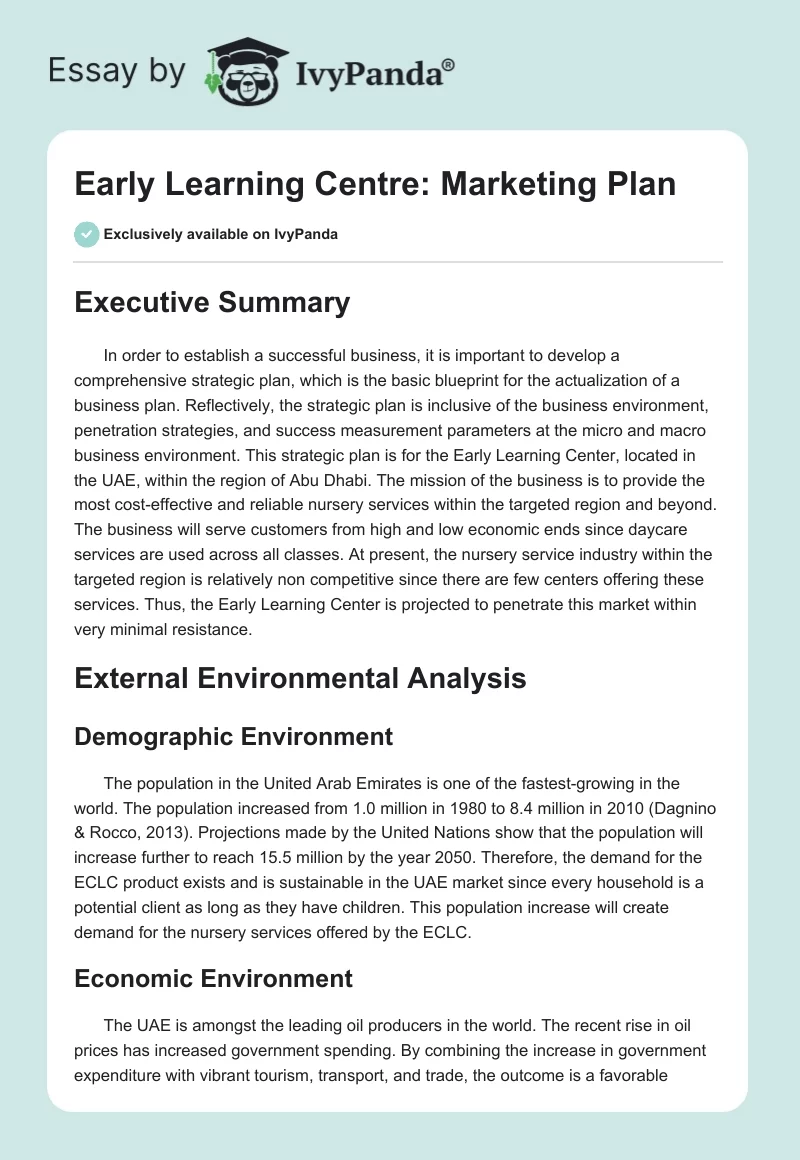 Early Learning Centre: Marketing Plan. Page 1