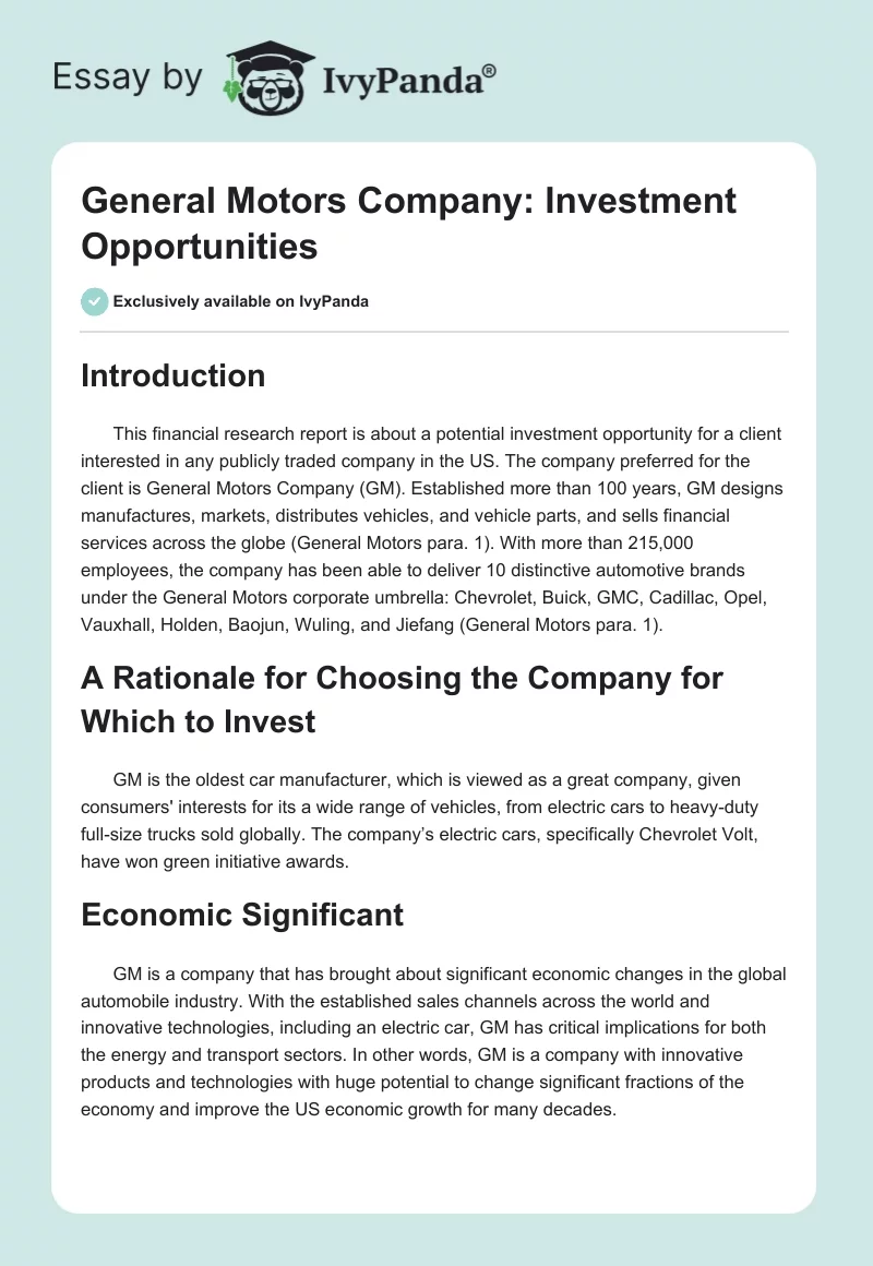General Motors Company: Investment Opportunities. Page 1