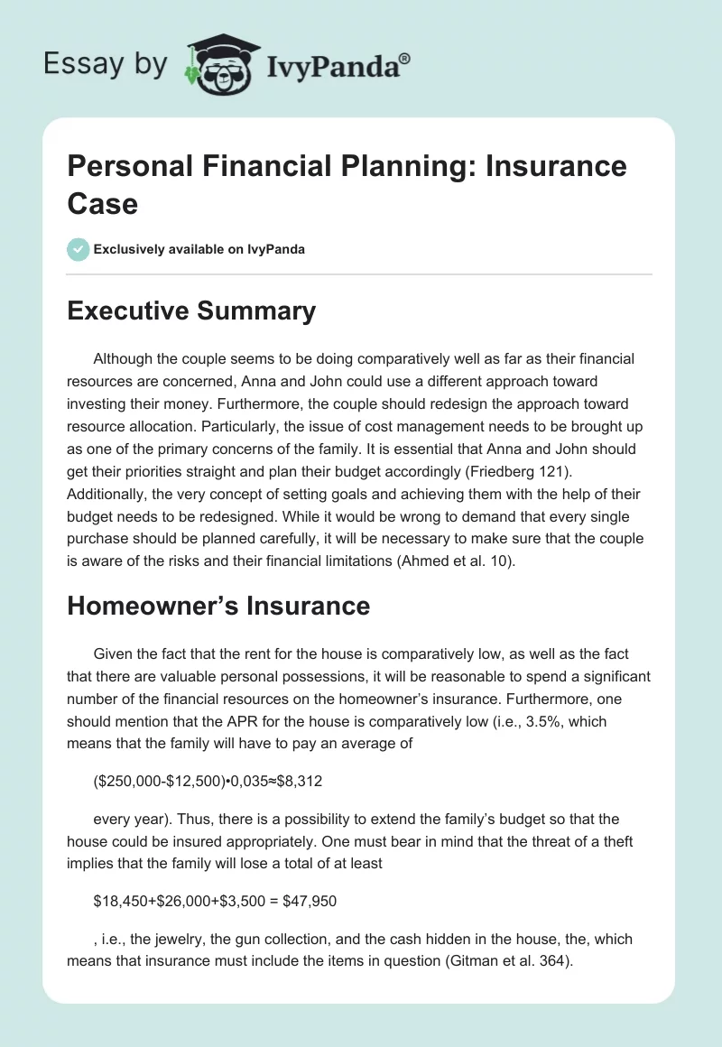 Personal Financial Planning: Insurance Case. Page 1