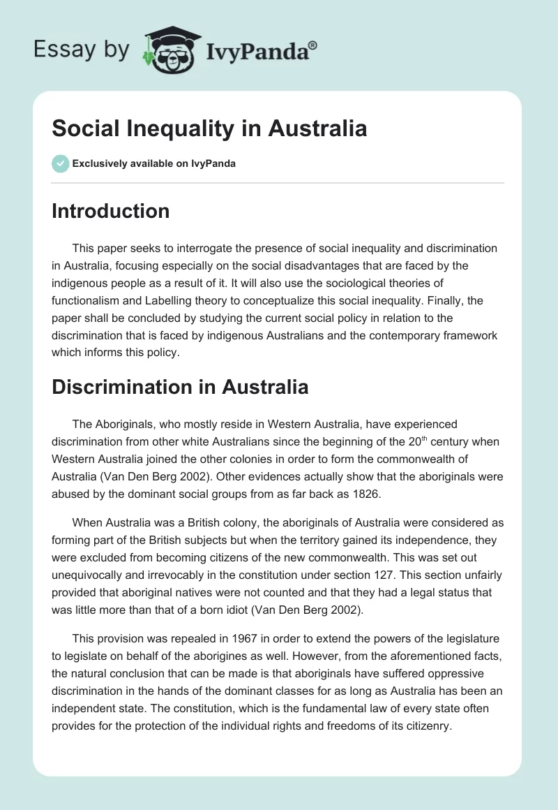 Social Inequality in Australia. Page 1