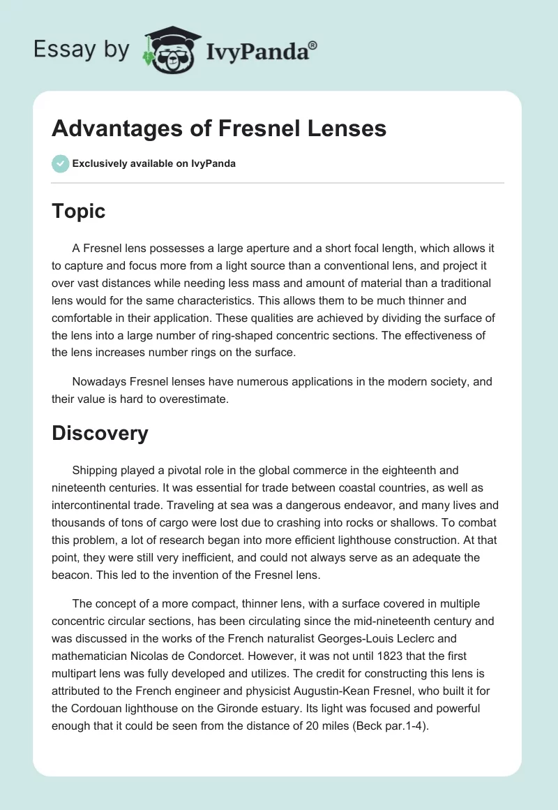 Advantages of Fresnel Lenses. Page 1