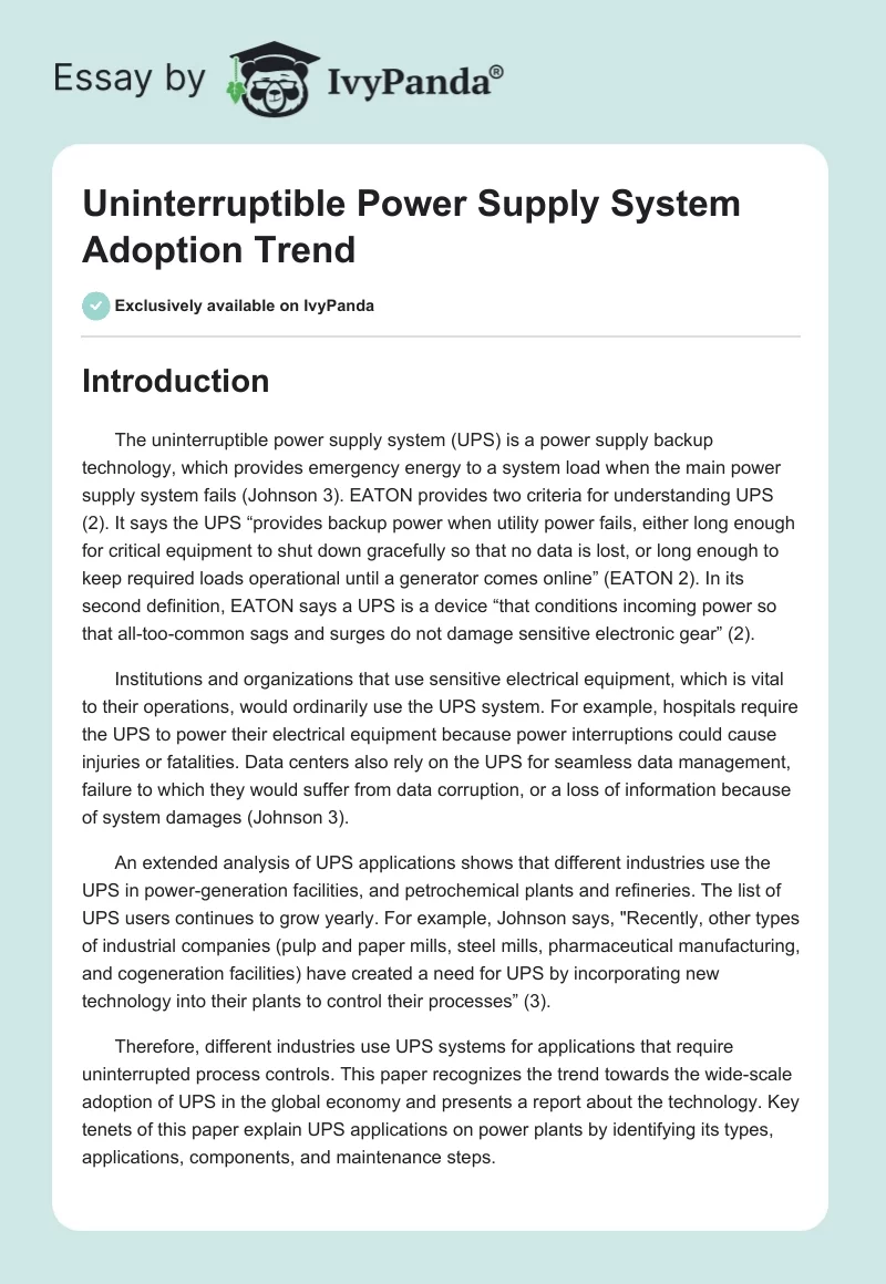 Uninterruptible Power Supply System Adoption Trend. Page 1