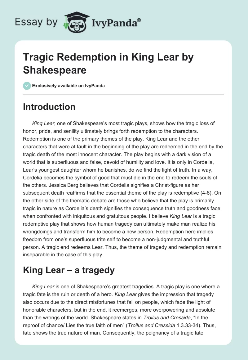 Tragic Redemption in "King Lear" by Shakespeare. Page 1