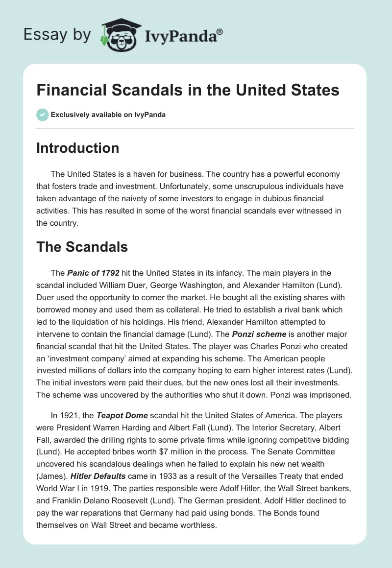 Financial Scandals in the United States. Page 1