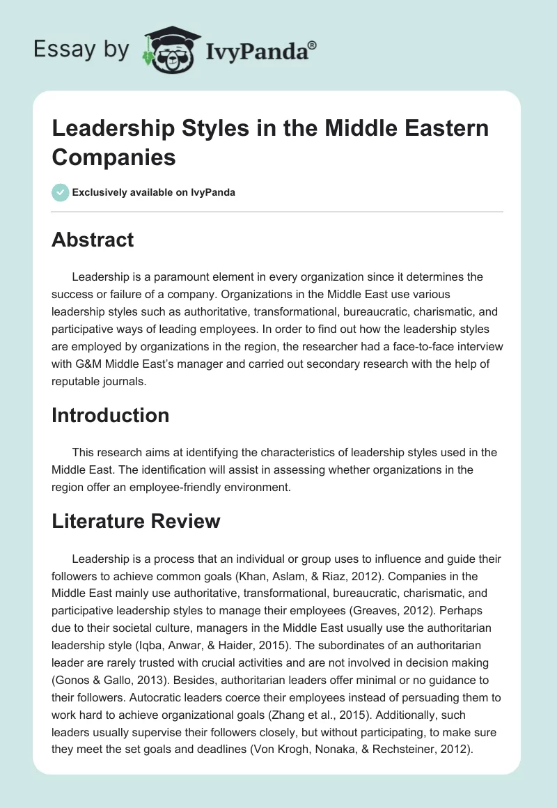 Leadership Styles in the Middle Eastern Companies. Page 1