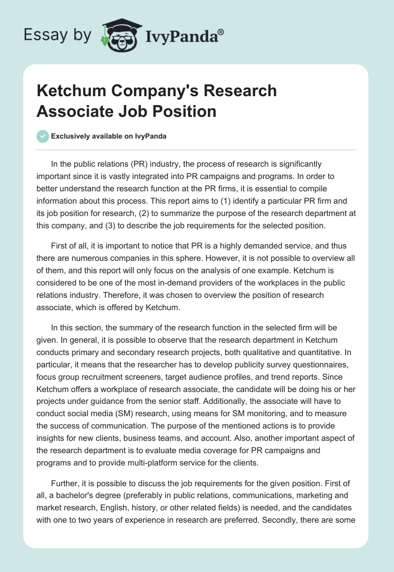Ketchum Company's Research Associate Job Position. Page 1