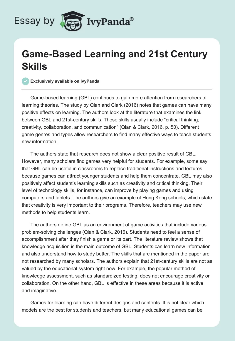 Game-Based Learning and 21st Century Skills. Page 1