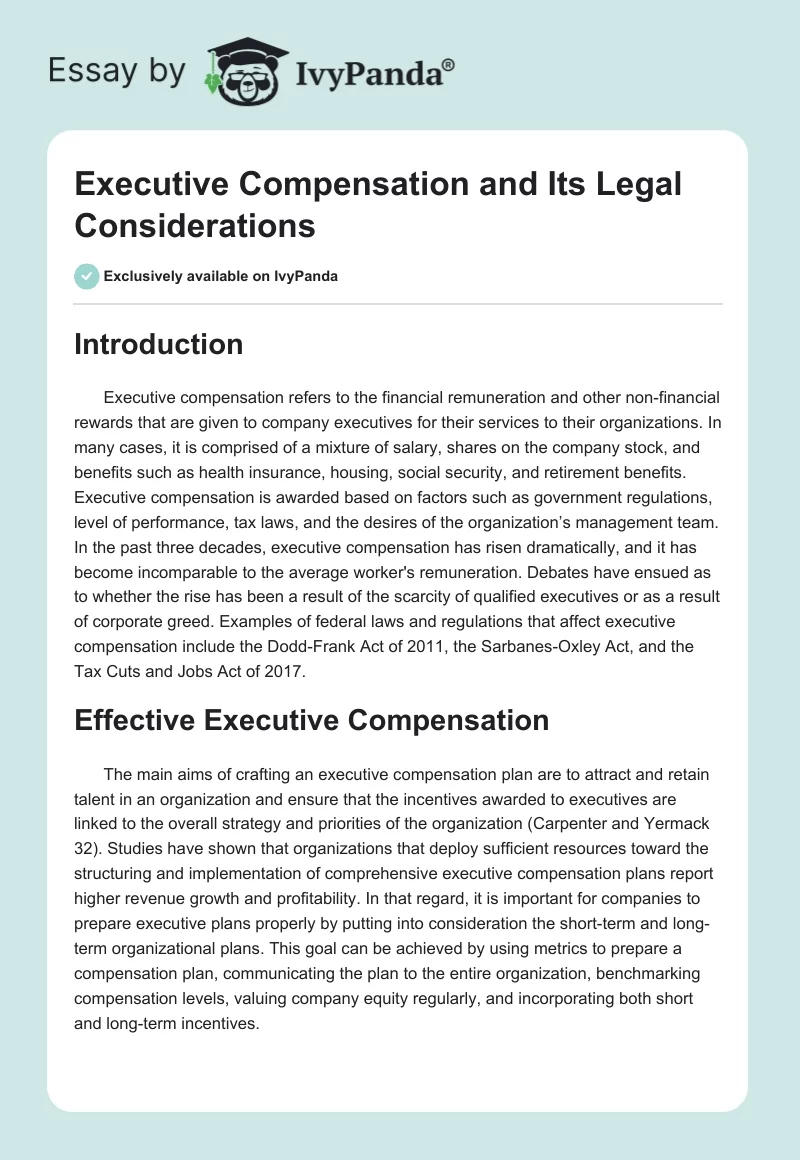 Executive Compensation and Its Legal Considerations. Page 1