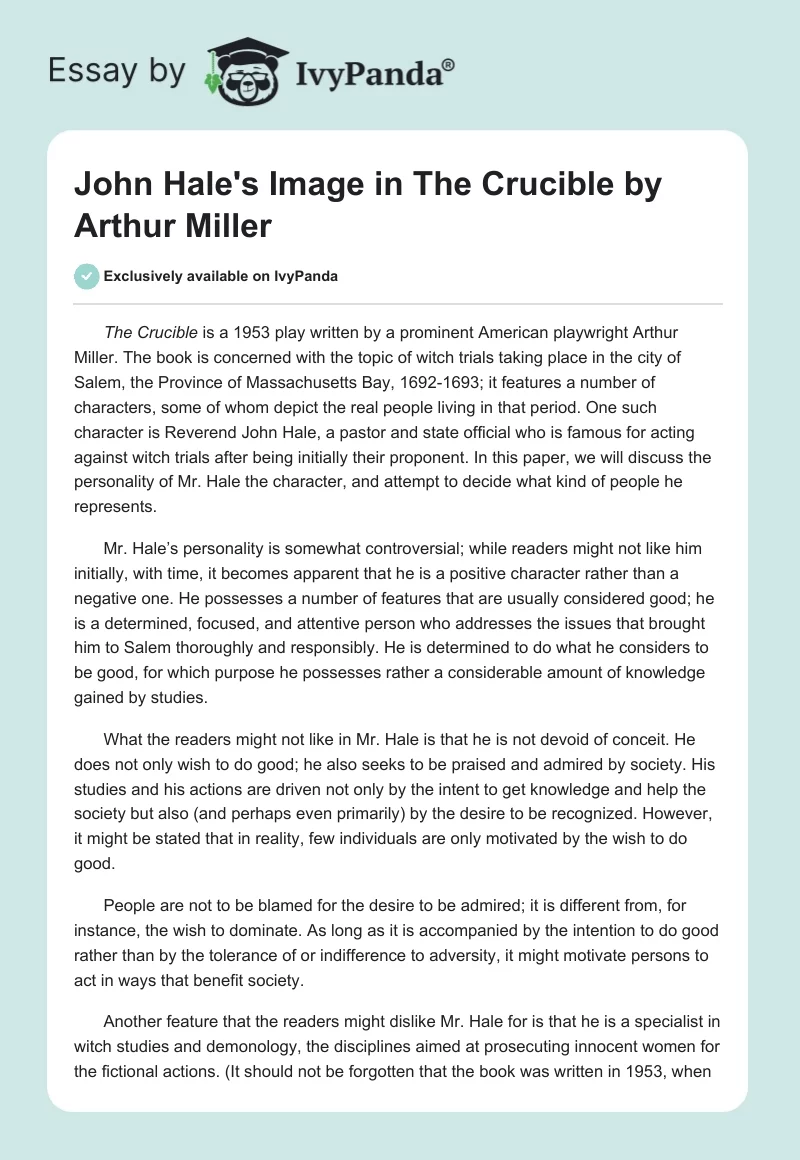 John Hale's Image in "The Crucible" by Arthur Miller. Page 1